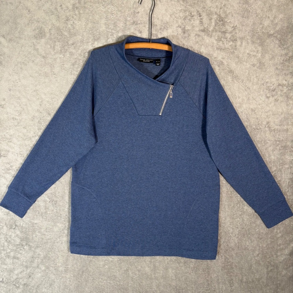 Susan Graver Weekend Womens XL Blue Asymmetric Zip Mock Neck Pullover Sweater
